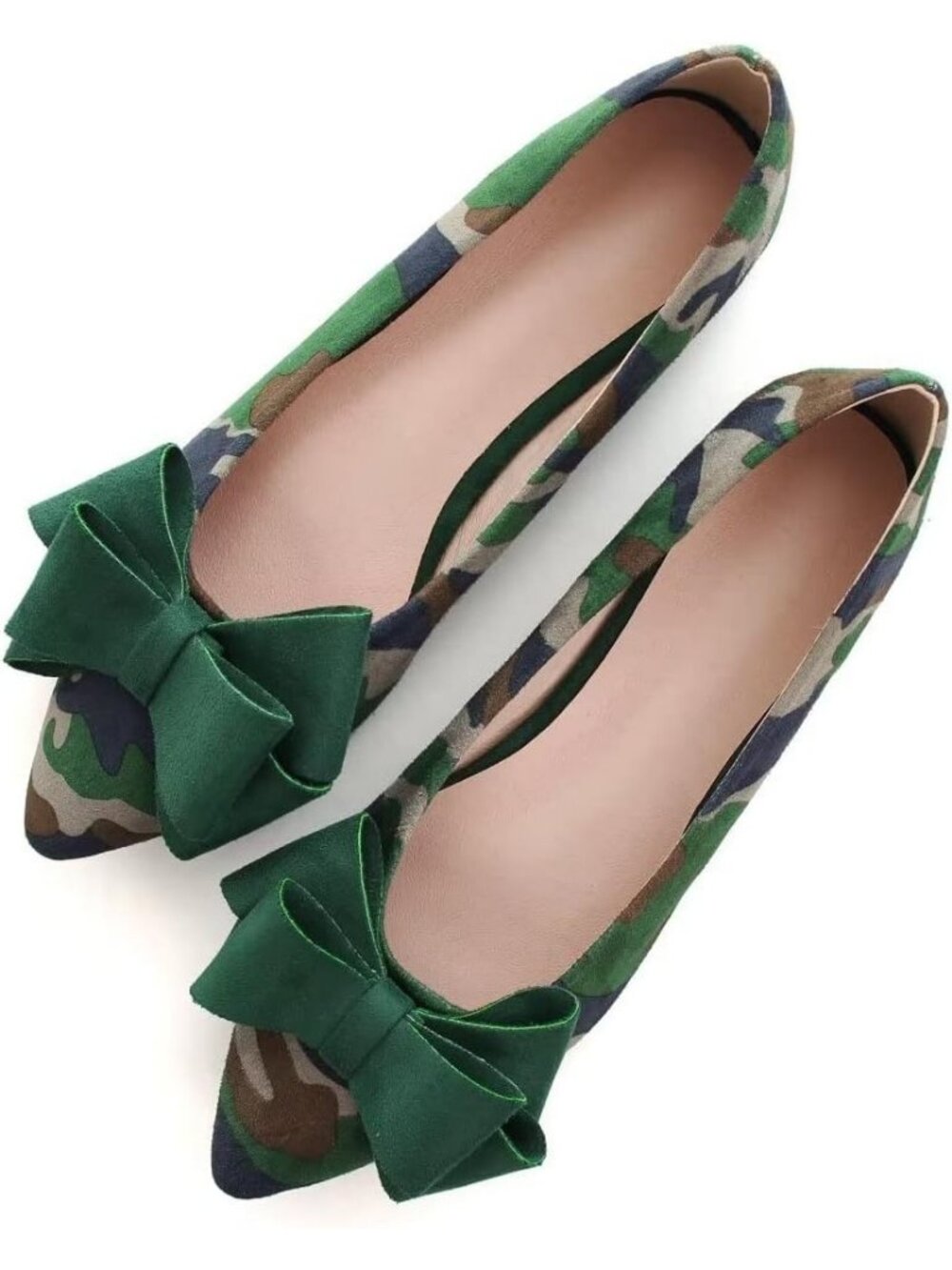Women's Camouflage Green Suede Fashion Bowknot Flats Comfort Pointed Toe Shoes